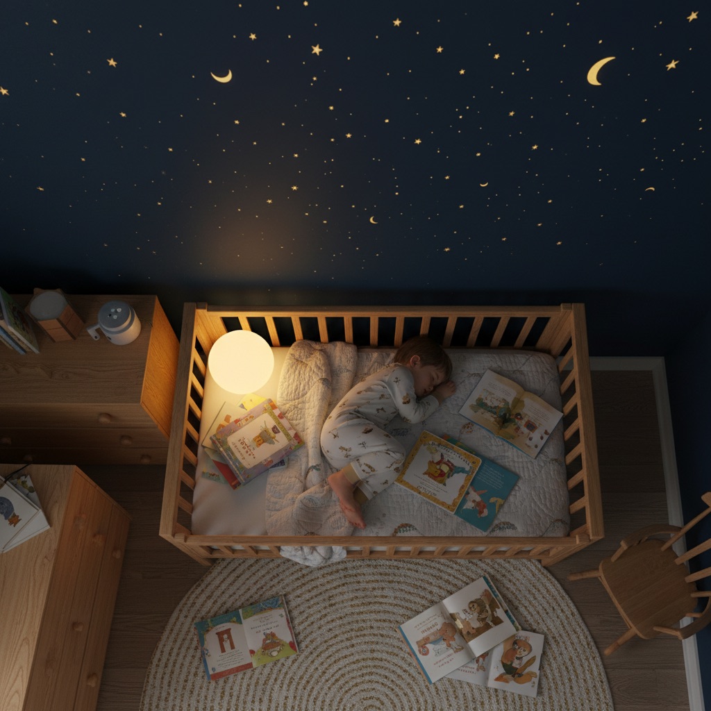 A calm nursery after the bedtime routine is complete