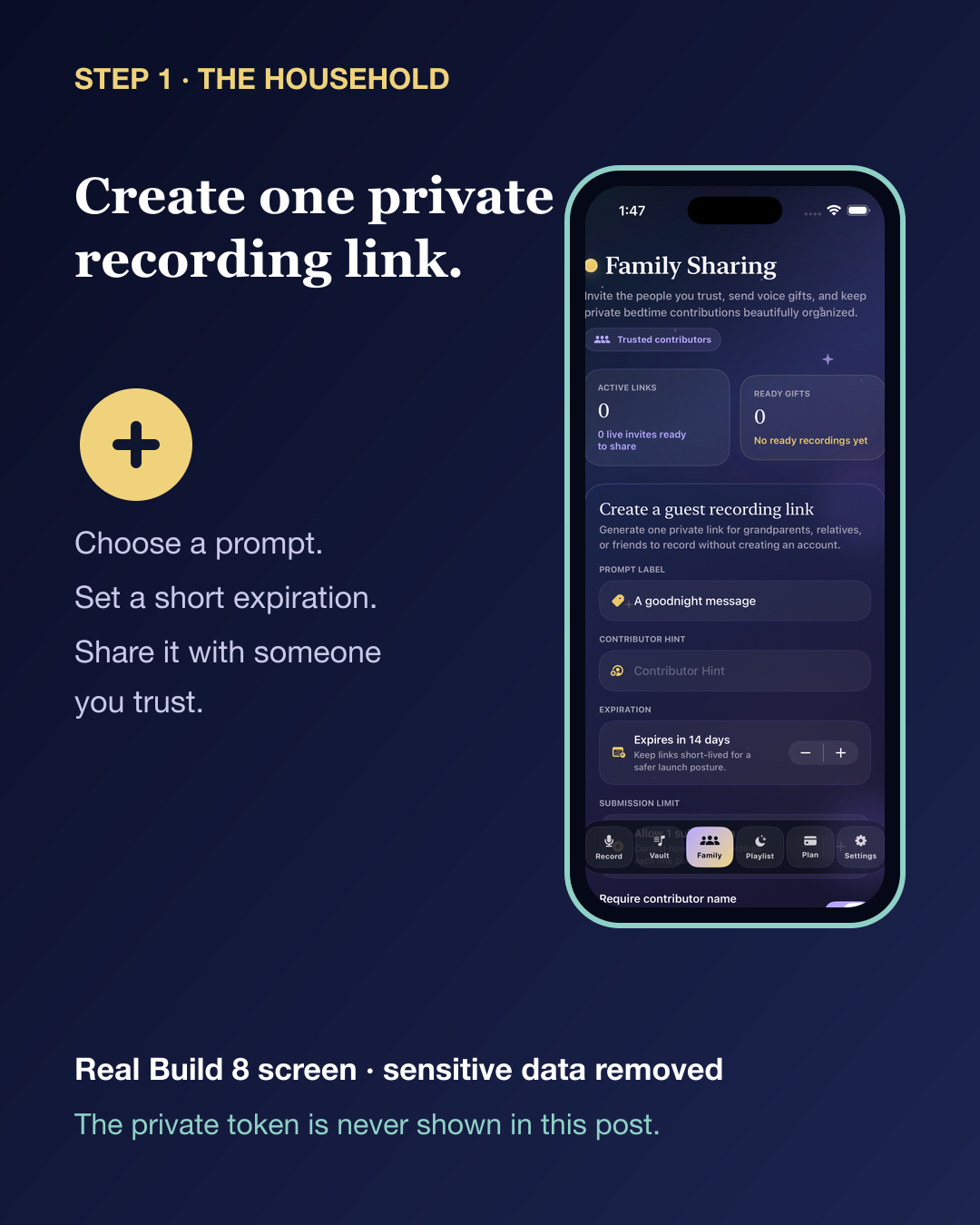 Scrubbed real Build 8 Family Sharing screen showing how a household creates a private guest recording link